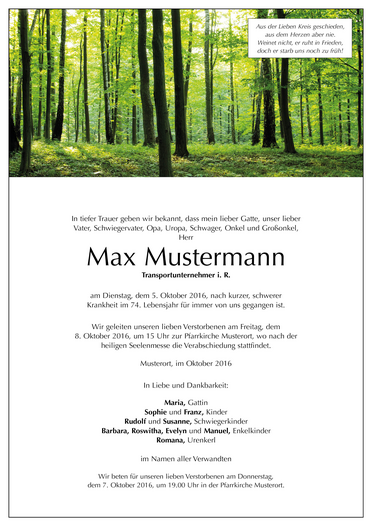 Trauerbrief "Wald 2" ohne Trauerbild